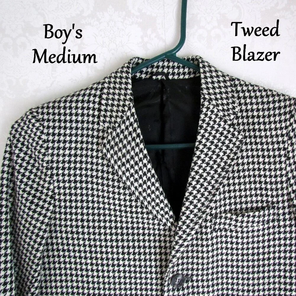 BOY'S WOOL BLAZER, 10-12 MED, BLACK & WHITE HOUNDSTOOTH CHECK, LINED, POCKETS